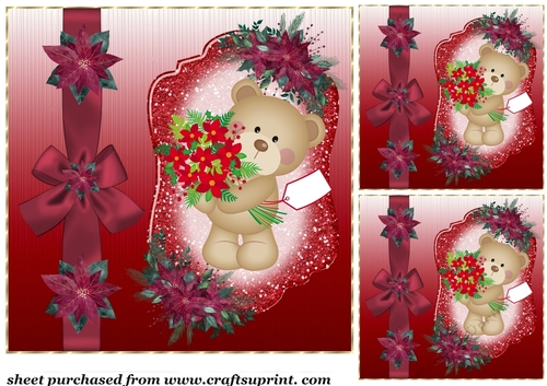 3 Red Poinsettia bear card fronts/toppers 3