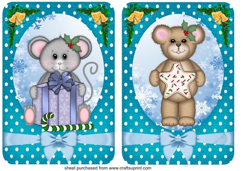 2 Blue Christmas bear card fronts/toppers 5