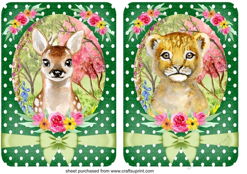 2 Green floral animal card fronts/toppers 4