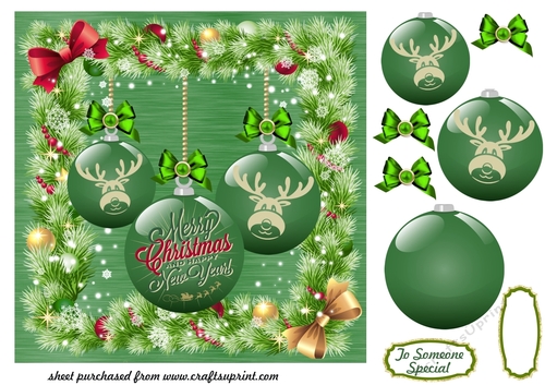 Green deer baubles card front 2
