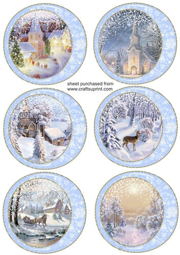 6 Christmas scene in snowflake frame toppers