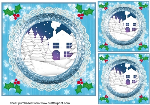 3 Blue framed Christmas scene card front/topper blanks