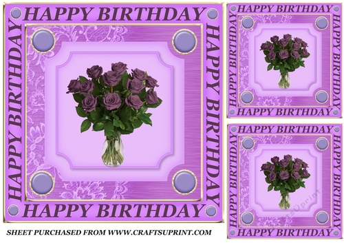 3 Purple rose vase Birthday card fronts/toppers