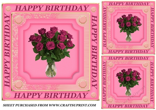 3 Raspberry rose vase Birthday card fronts/toppers