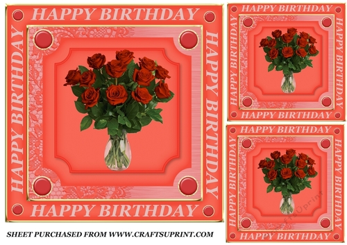 3 Red rose vase Birthday card fronts/toppers
