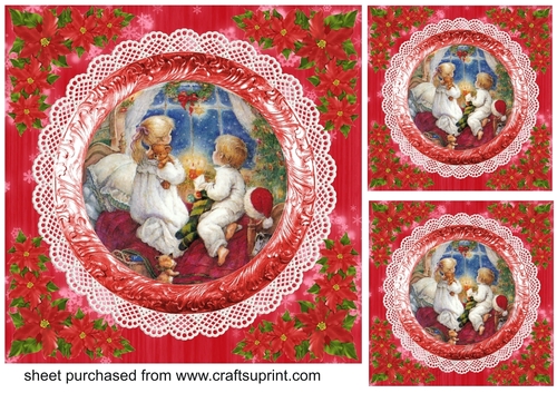 3 Red vintage scene Christmas card fronts/toppers 2