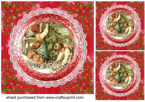 3 Red vintage scene Christmas card fronts/toppers 3