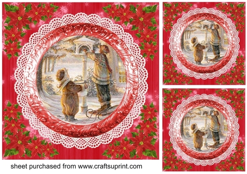 3 Red vintage scene Christmas card fronts/toppers 6