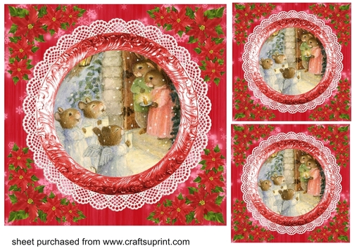 3 Red vintage scene Christmas card fronts/toppers 8