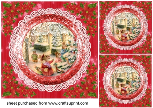 3 Red vintage scene Christmas card fronts/toppers 9