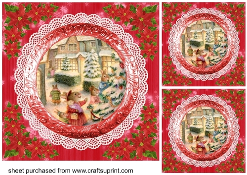 3 Red vintage scene Christmas card fronts/toppers 10