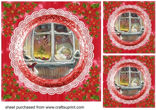 3 Red vintage scene Christmas card fronts/toppers 11