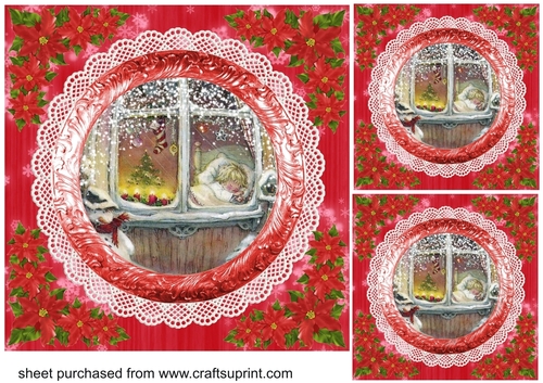 3 Red vintage scene Christmas card fronts/toppers 12