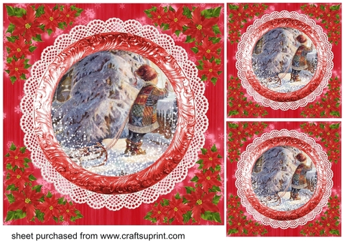 3 Red vintage scene Christmas card fronts/toppers 13
