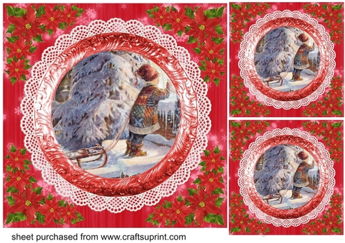 3 Red vintage scene Christmas card fronts/toppers 14
