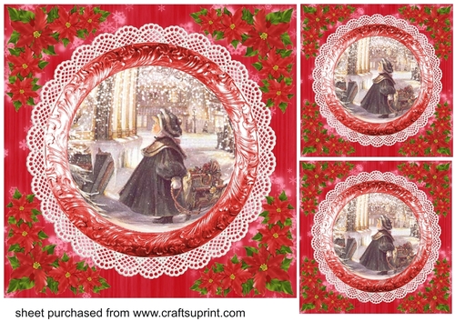 3 Red vintage scene Christmas card fronts/toppers 15