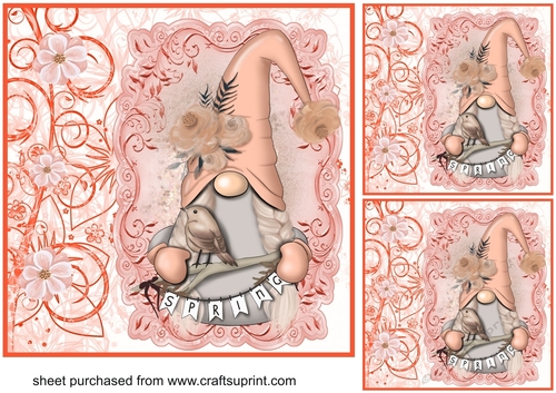 3 peach spring gnomes card fronts/toppers 3