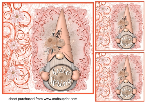 3 peach spring gnomes card fronts/toppers 4