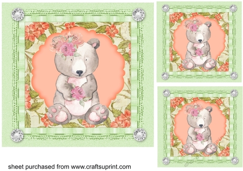 3 Green and peach floral bear card fronts/toppers