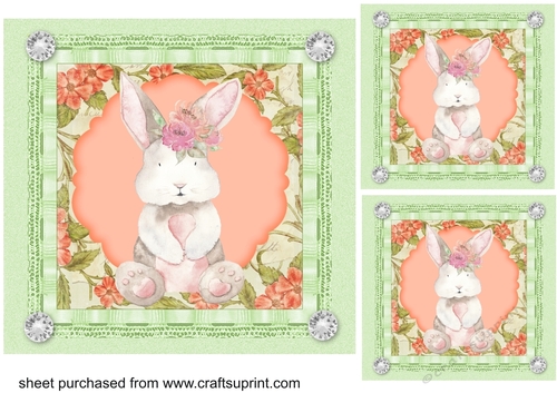 3 Green and peach floral rabbit card fronts/toppers