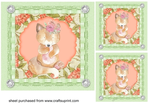 3 Green and peach floral fox card fronts/toppers