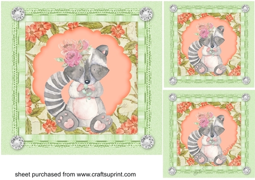 3 Green and peach floral raccoon card fronts/toppers