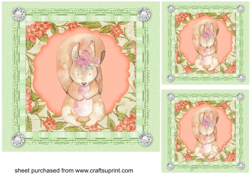 3 Green and peach floral squirrel card fronts/toppers