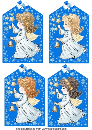 4 Large blue Christmas angel tag toppers 1