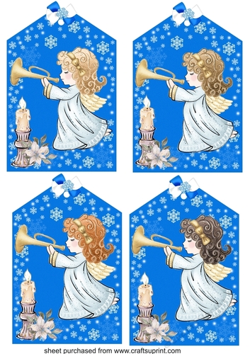 4 Large blue Christmas angel tag toppers 2