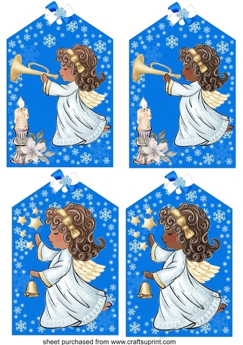 4 Large blue Christmas angel tag toppers 3