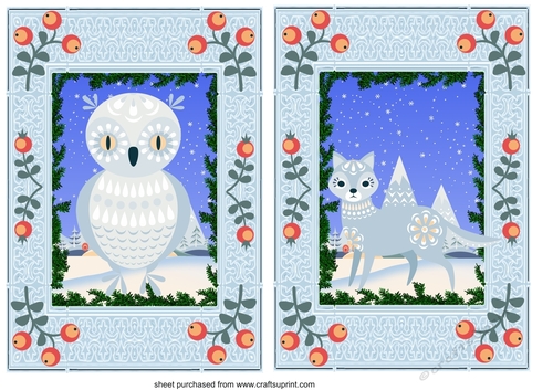 2 Christmas owl and wolf card fronts/toppers