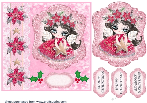 Pink Christmas angel card front 1