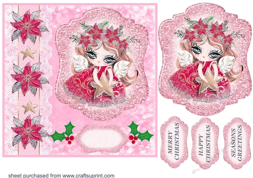 Pink Christmas angel card front 2