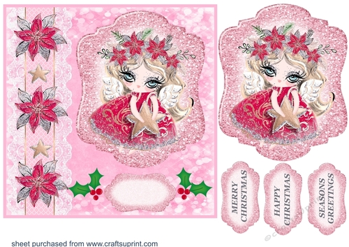 Pink Christmas angel card front 4