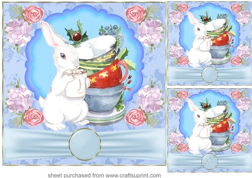 3 Bunny drinking hot chocolate card fronts/toppers 3