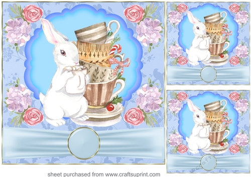 3 Bunny drinking hot chocolate card fronts/toppers 2
