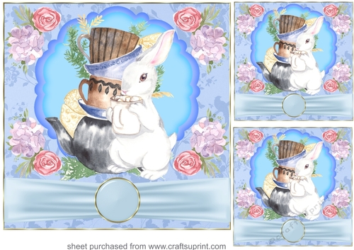3 Bunny drinking hot chocolate card fronts/toppers 1