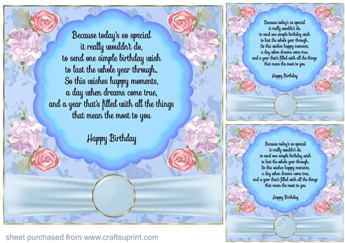 3 Blue and pink Birthday verse card front/toppers