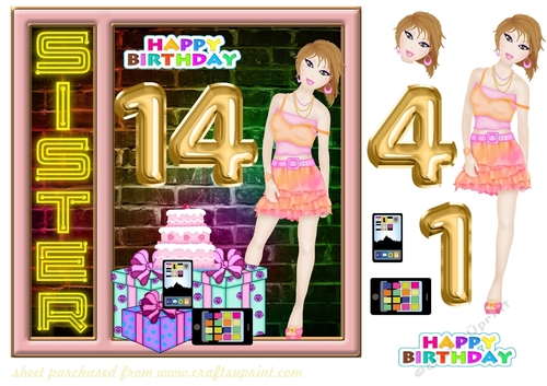 Sister age 14 Birthday card front