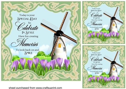 3 Lilac floral windmill card fronts with verse