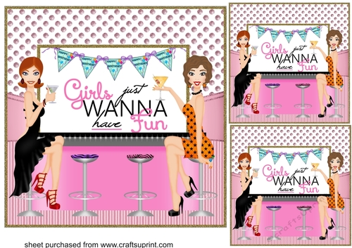 3 Pink Birthday girls just wanna have fun card fronts/toppers