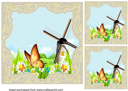 3 Beige floral windmill card fronts/toppers