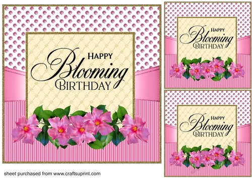 3 Pink Happy Blooming Birthday card fronts/toppers