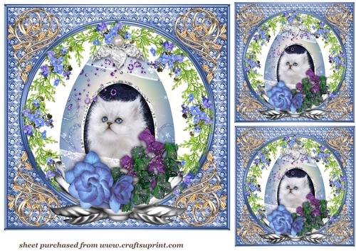 3 Cute blue cat in egg card fronts/toppers 2