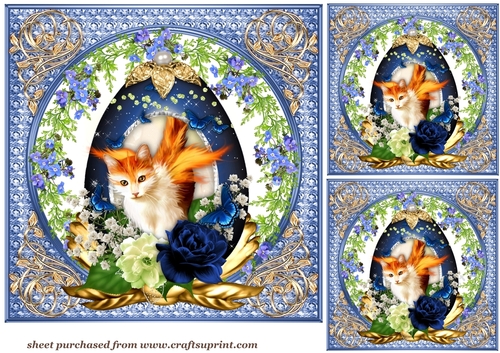 3 Cute blue cat in egg card fronts/toppers 3