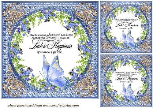 3 Blue floral butterfly sentiment card fronts/toppers