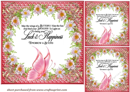 3 Red floral butterfly sentiment card fronts/toppers