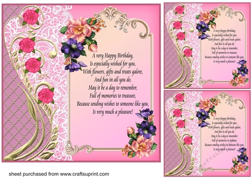 3 Pink floral Birthday verse card fronts/toppers