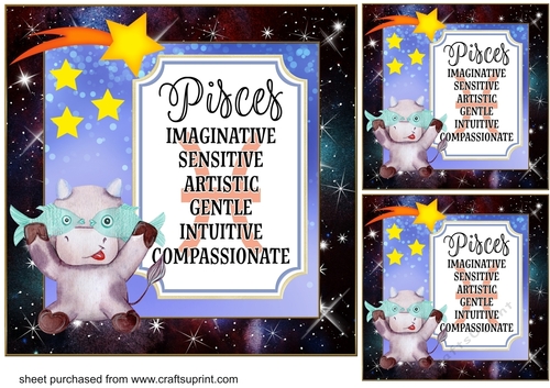 3 Pisces bull Birthday card front/toppers