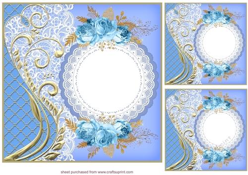 3 Blue and gold rose card front/toppers(blanks)